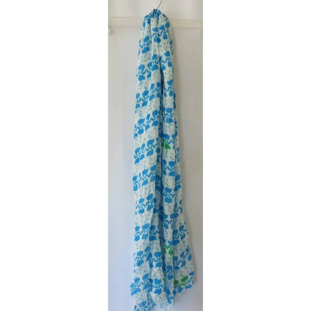 FLAMINGO Scarf Light Weight  White 20x71 Beach Summer Fringe Festival Colorful